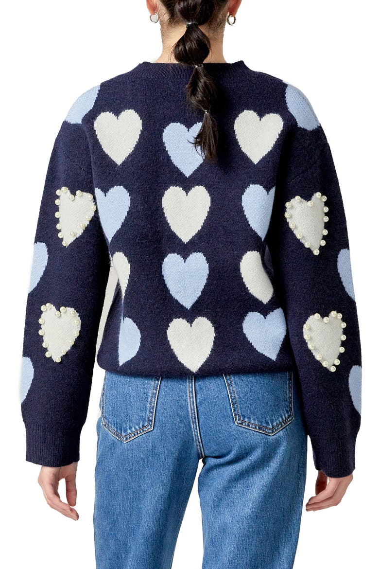 Heart Faux Pearl Embellished Crewneck Sweater, Alternate, color, NAVY MULTI