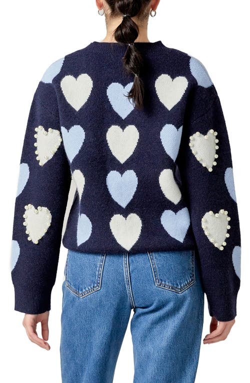 English Factory Heart Faux Pearl Embellished Crewneck Sweater In Navy Multi
