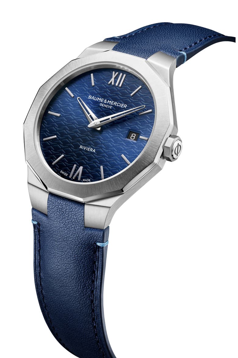 Riviera 73 Leather Strap Watch, 39mm, Alternate, color, BLUE