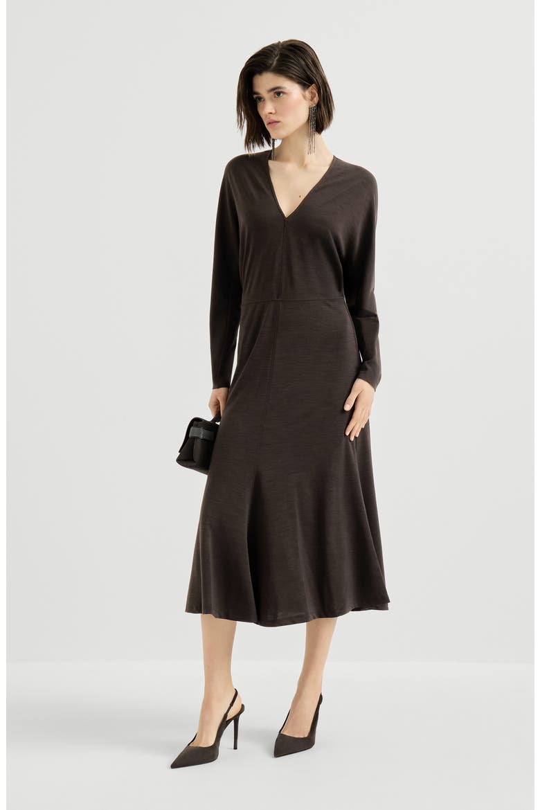 Techno wool jersey dress with monili, Alternate, color, Coffee