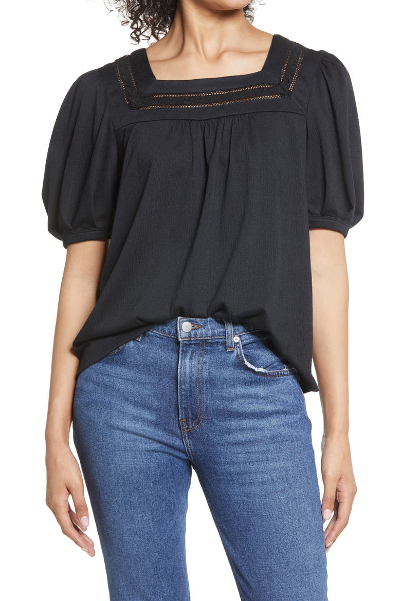 Square Neck Lace Knit Top, Main, color, BLACK