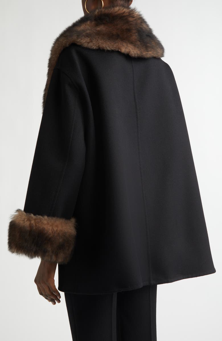 Valentino Genuine Shearling Trim Compact Wool & Cashmere Coat, Alternate, color, Black
