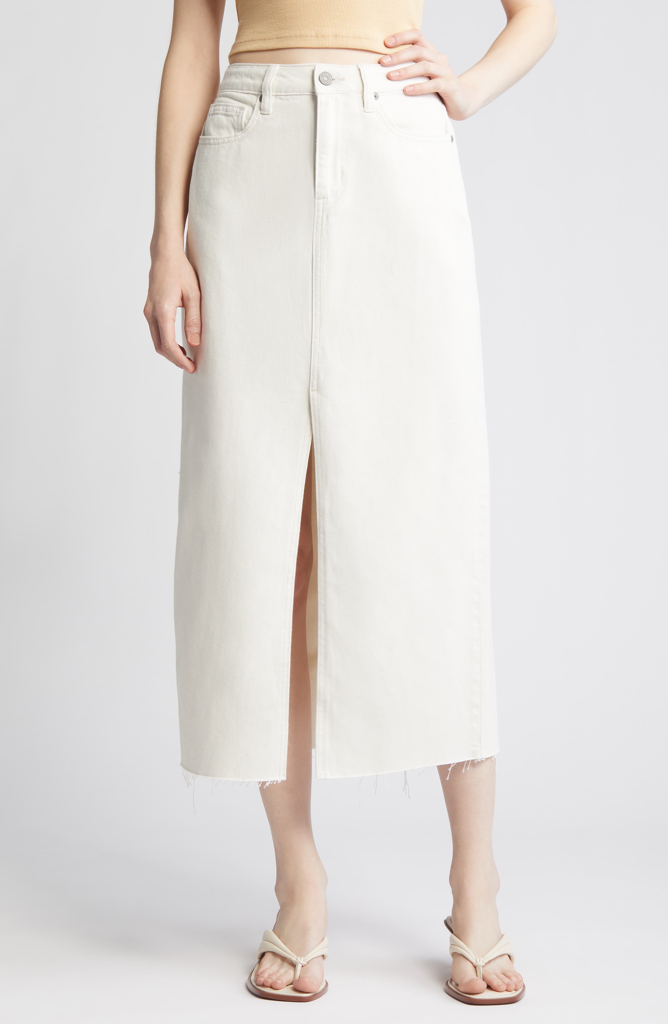 Front Slit Denim Midi Skirt