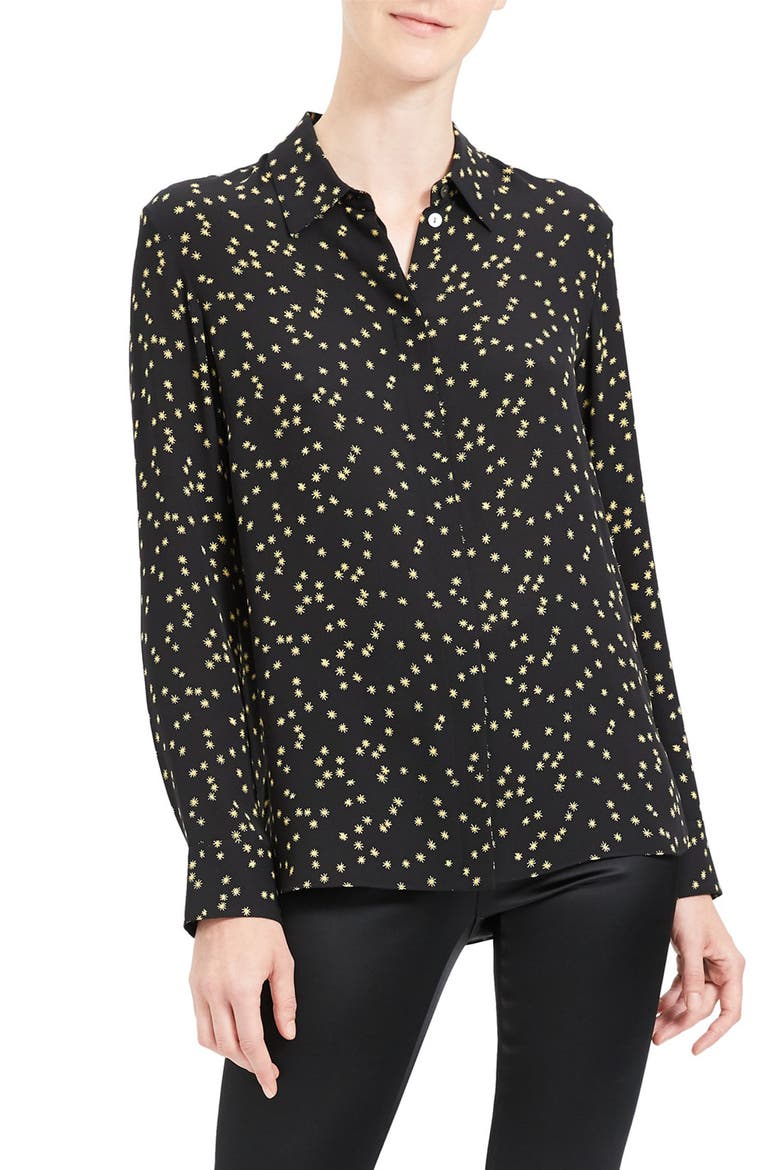 Classic Silk Button-Up Top, Main, color, BLACK MULTI