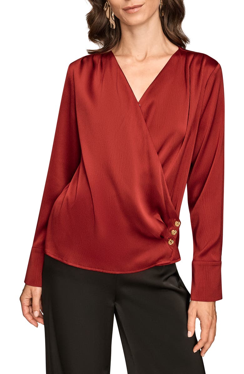 Donna Karan New York Hammered Satin Faux Wrap Top, Main, color, Metropolit