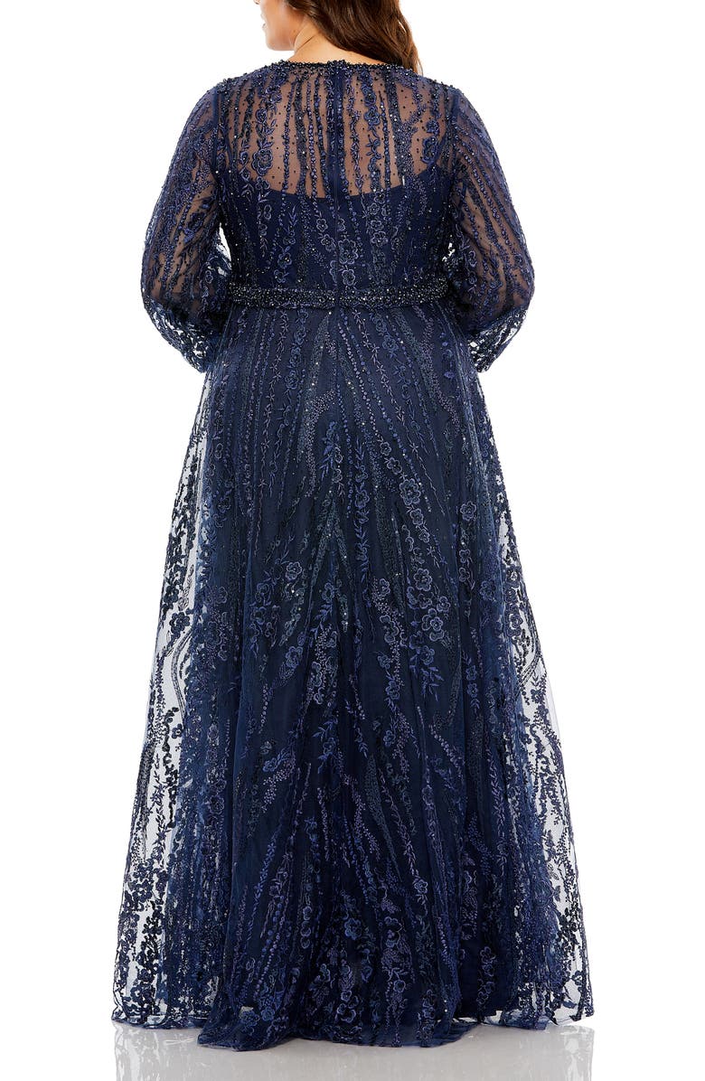 Mac Duggal V Neck Puff Sleeve Embroidered A Line Gown, Alternate, color, Midnight