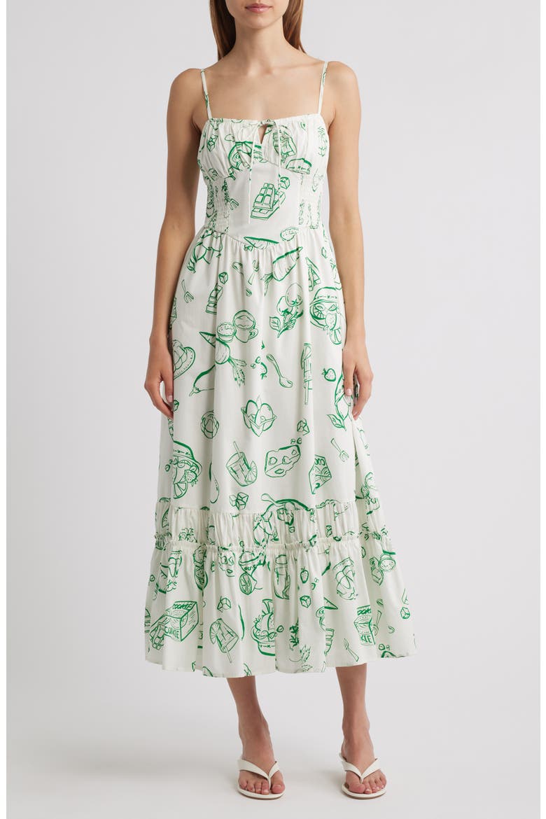 Tie Keyhole Cotton Midi Sundress, Main, color, GREEN MULTI