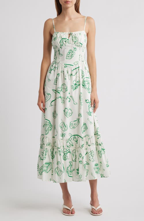 MOON RIVER Tie Keyhole Cotton Midi Sundress in Green Multi 