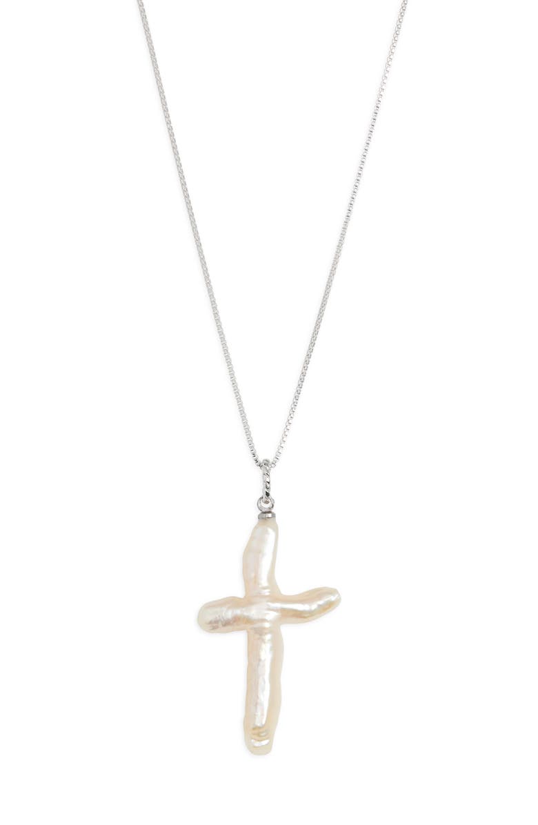 Child of Wild Esther Freshwater Pearl Cross Pendant Necklace, Main, color, Silver