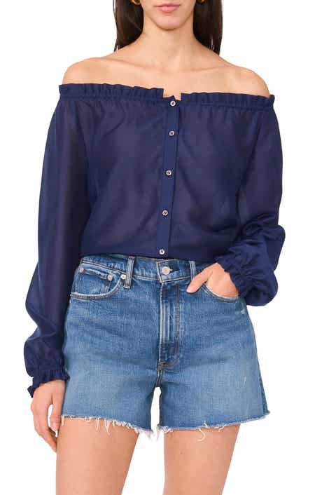 Two by Vince Camuto Off the Shoulder Long Sleeve Button-Up Top