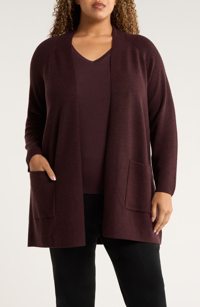Eileen Fisher Open Front Wool Cardigan, Main, color, Cassis