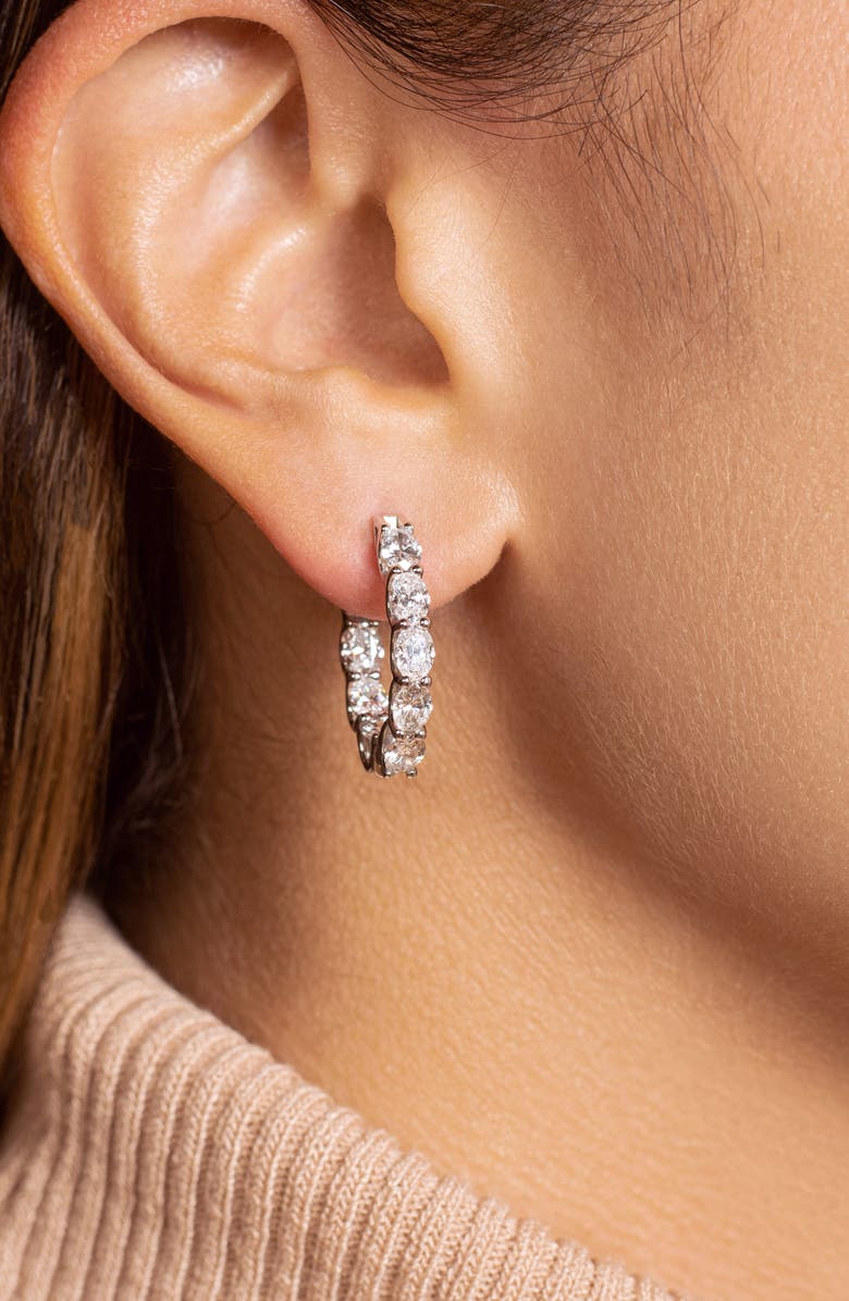 HauteCarat Oval Lab Grown Diamond Inside Out 18K Gold Hoop Earrings, Alternate, color, White Gold