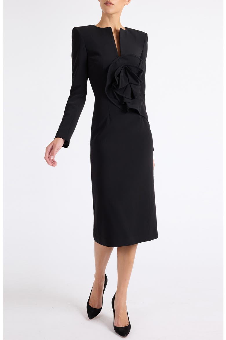 Maya Long Sleeve Midi Dress in Stretch Crepe, Main, color, BLACK