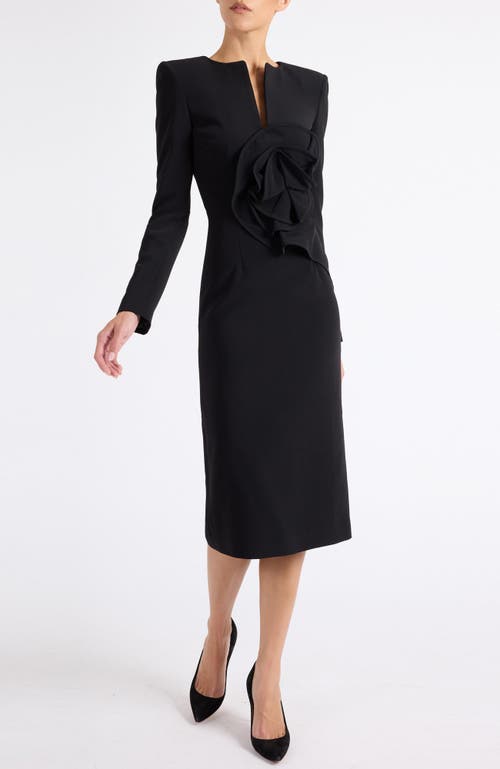 Santorelli Maya Long Sleeve Midi Dress With Dramatic Floral Applique In Stretch Crepe In Black