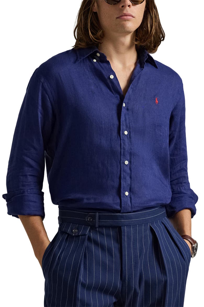 Solid White Linen Button-Down Shirt, Main, color, NEW CLASSIC NAVY