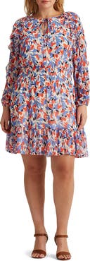 Ralph Lauren Ruffle Long Sleeve Crinkled Georgette Dress