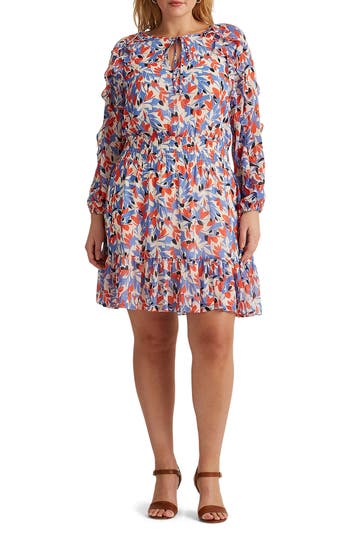 Ralph Lauren Ruffle Long Sleeve Crinkled Georgette Dress In Blue/orange Multi