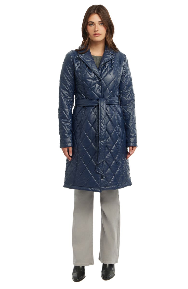 BADGLEY MISCHKA Quilted Faux Leather Trench Coat, Alternate, color, Navy