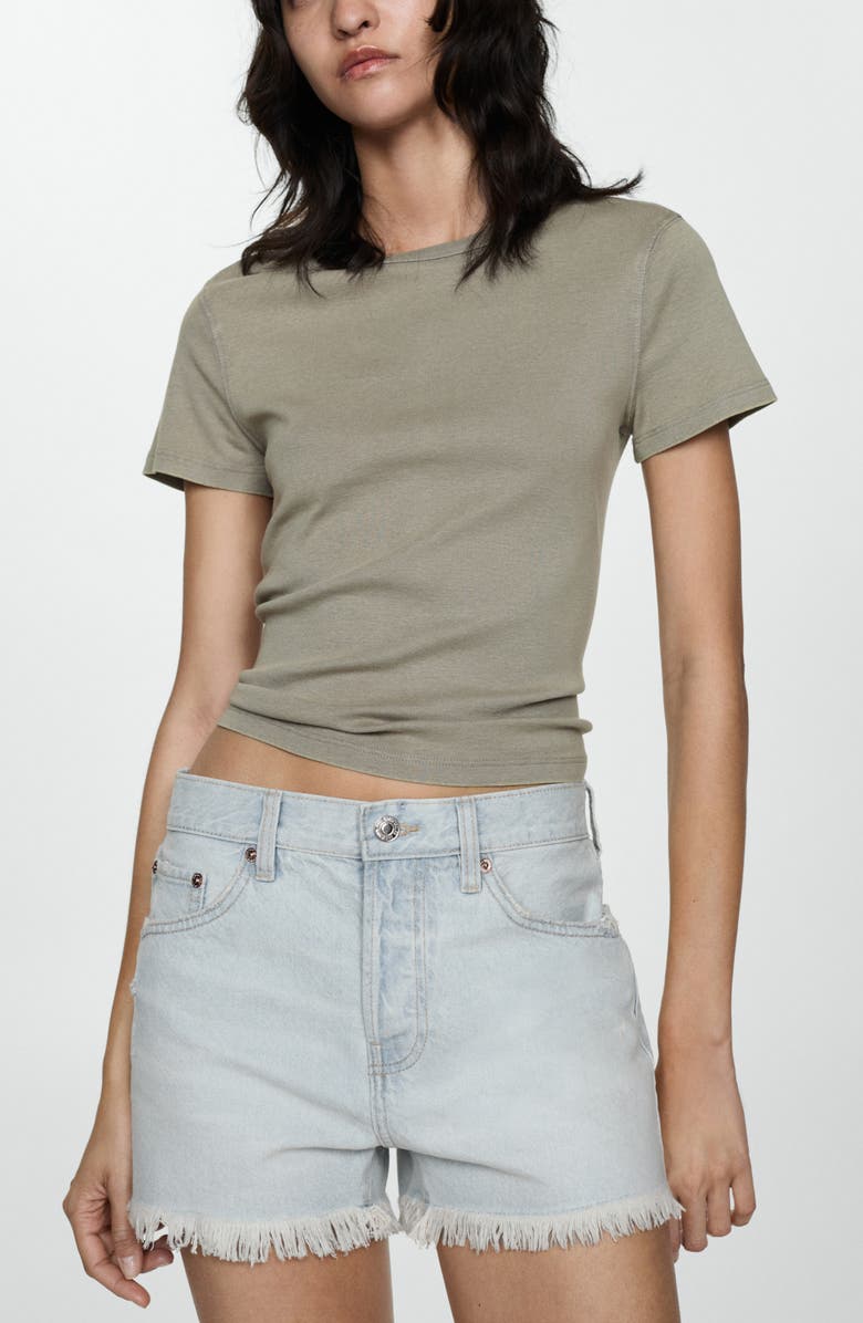 MANGO Frayed High Waist Denim Shorts, Alternate, color, Light Blue