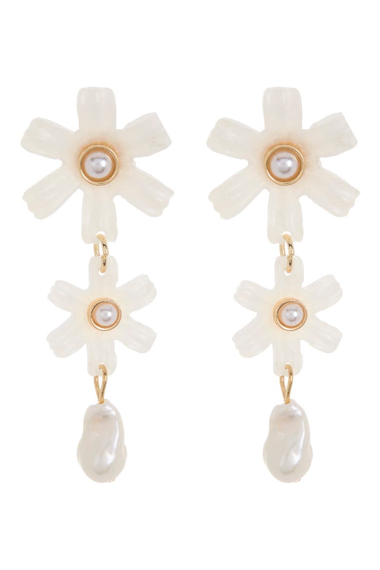 Flower Faux Pearl Triple Drop Earrings, Main, color, WHITE