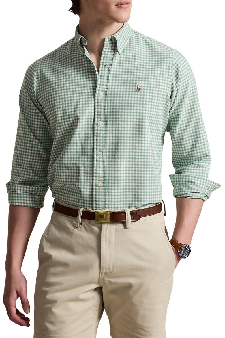 Classic Fit Gingham Cotton Button-Down Oxford Shirt, Main, color, FADED MINT/ WHITE