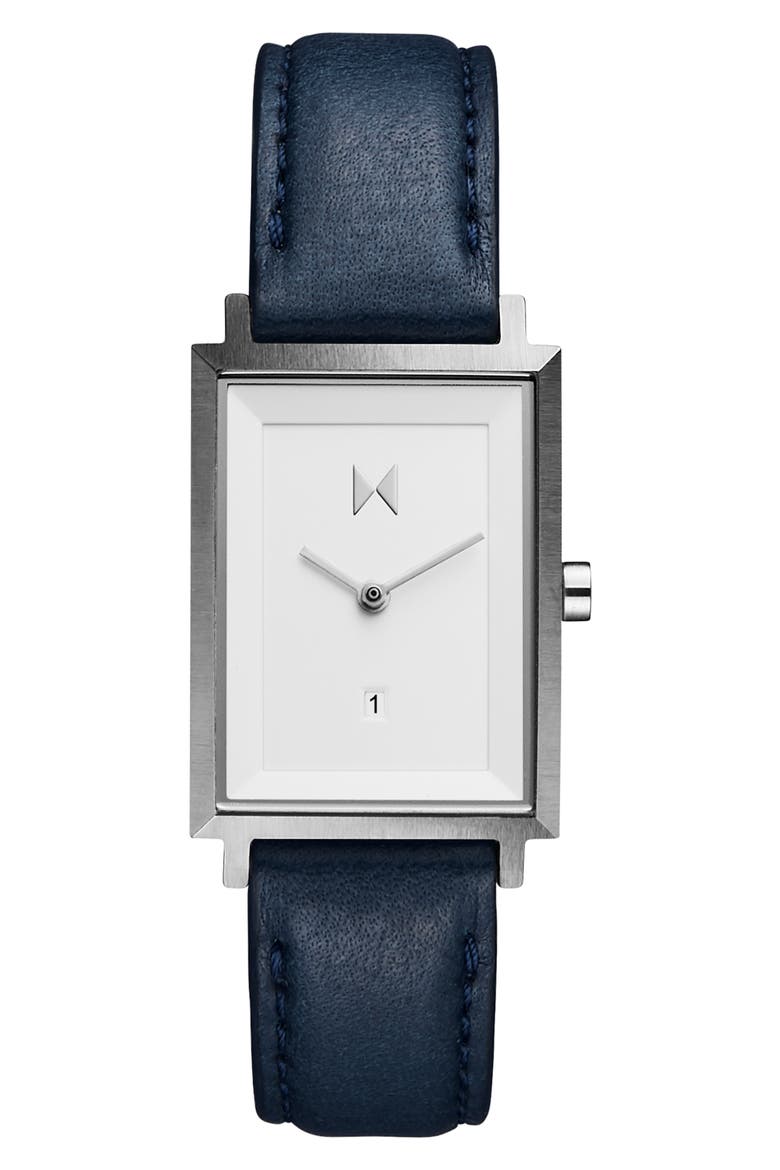 MVMT Signature Square Leather Strap Watch, 24mm, Main, color, NAVY/ WHITE/ SILVER