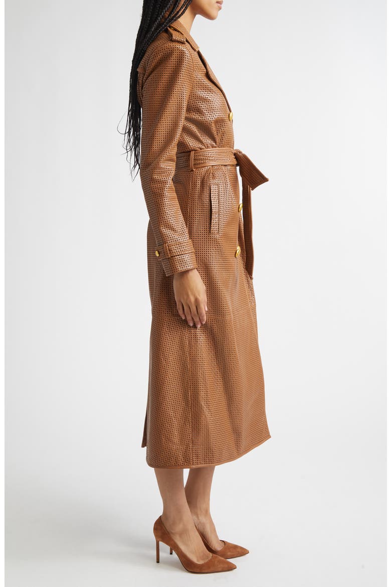 Baylee Perforated Leather Trench Coat, Alternate, color, SOFT COGNAC
