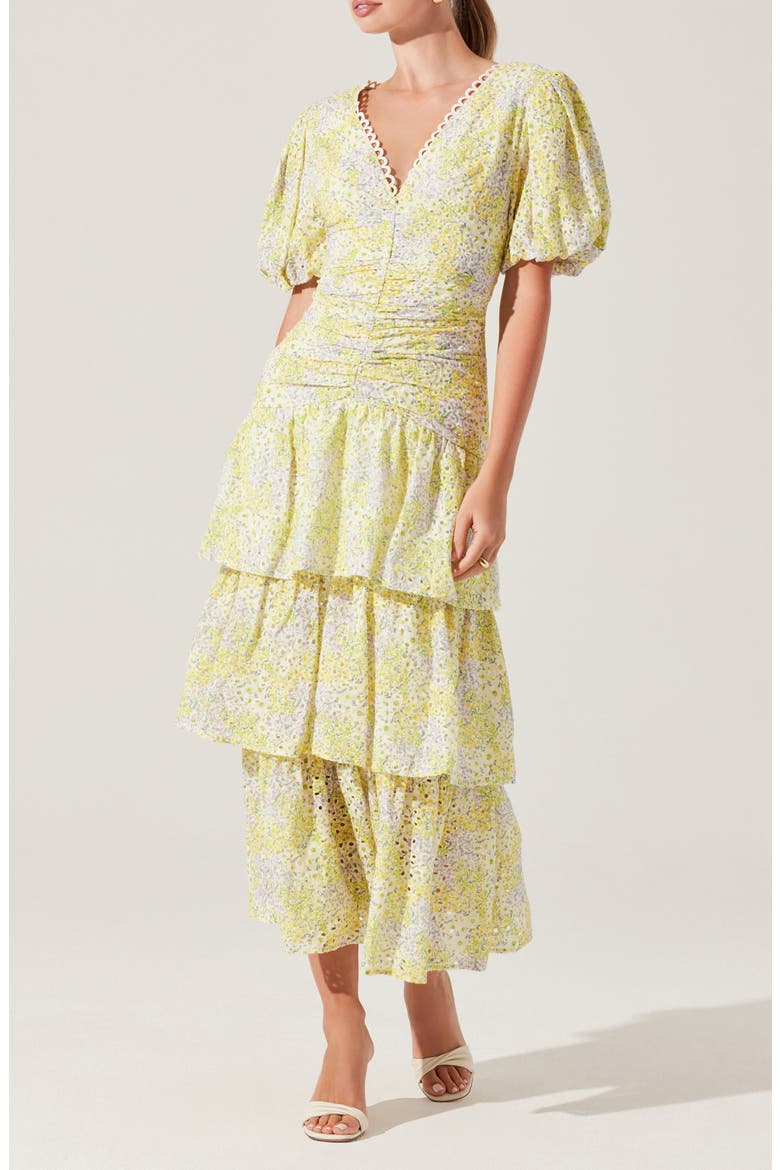 Corinna Floral Tiered Cotton Dress, Main, color, LEMON DITSY FLORAL