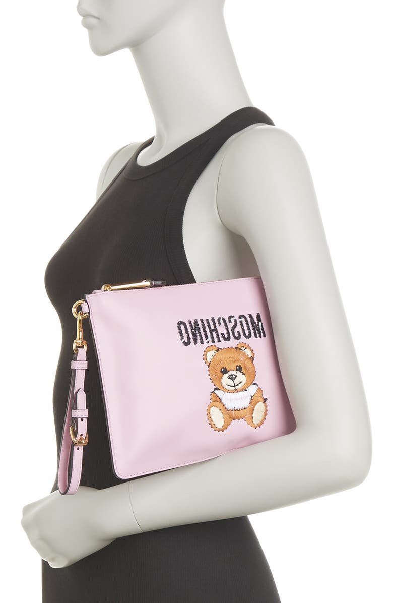 Moschino Embroidered Teddy Zip Pouch, Alternate, color,