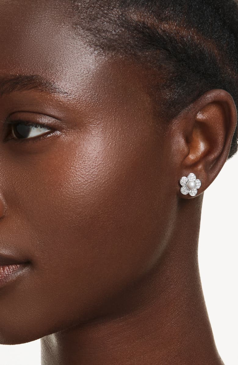 Swarovski x Ariana Grande Angelic Crystal Faux Pearl Stud Earrings, Alternate, color, Silver/ White