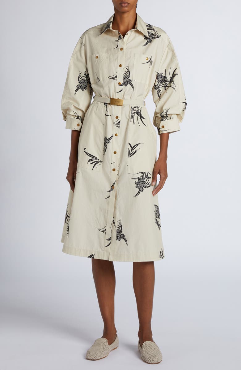 Moncler Floral Print Cotton Belted Shirtdress, Main, color, Light Beige Print