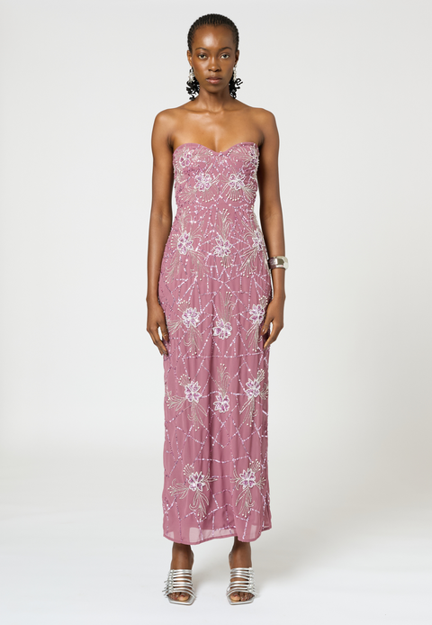 Strapless Embellished Sequin Beaded Maxi Dress