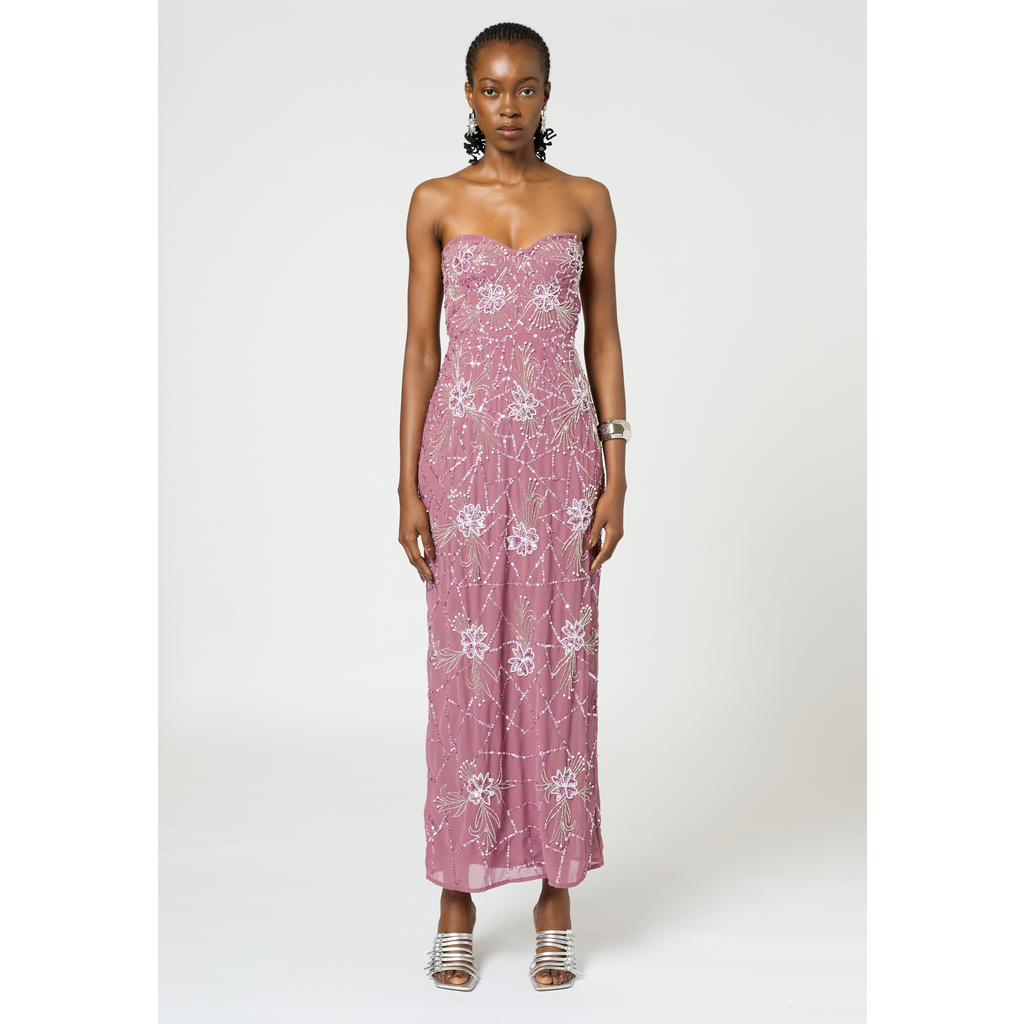 Beauut Strapless Embellished Sequin Beaded Maxi Dress In Pink