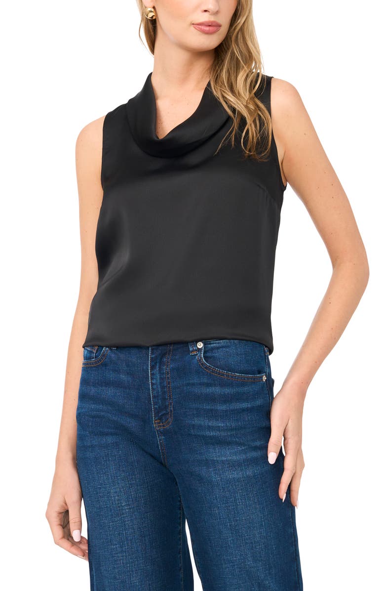 Vince Camuto Cowl Neck Sleeveless Satin Top, Main, color, Rich Black
