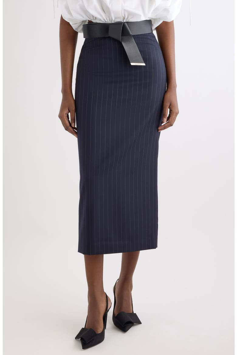 Pinstripe Wool Pencil Midi Skirt, Main, color, DARK NAVY