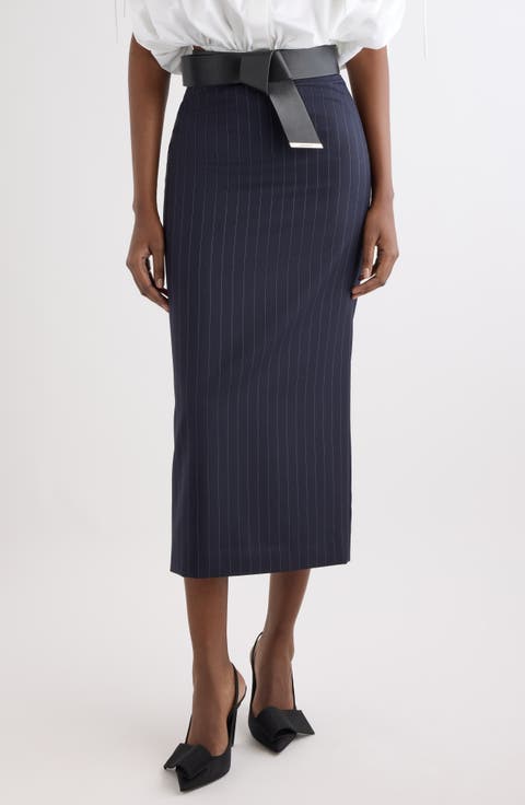 Pinstripe Wool Pencil Midi Skirt