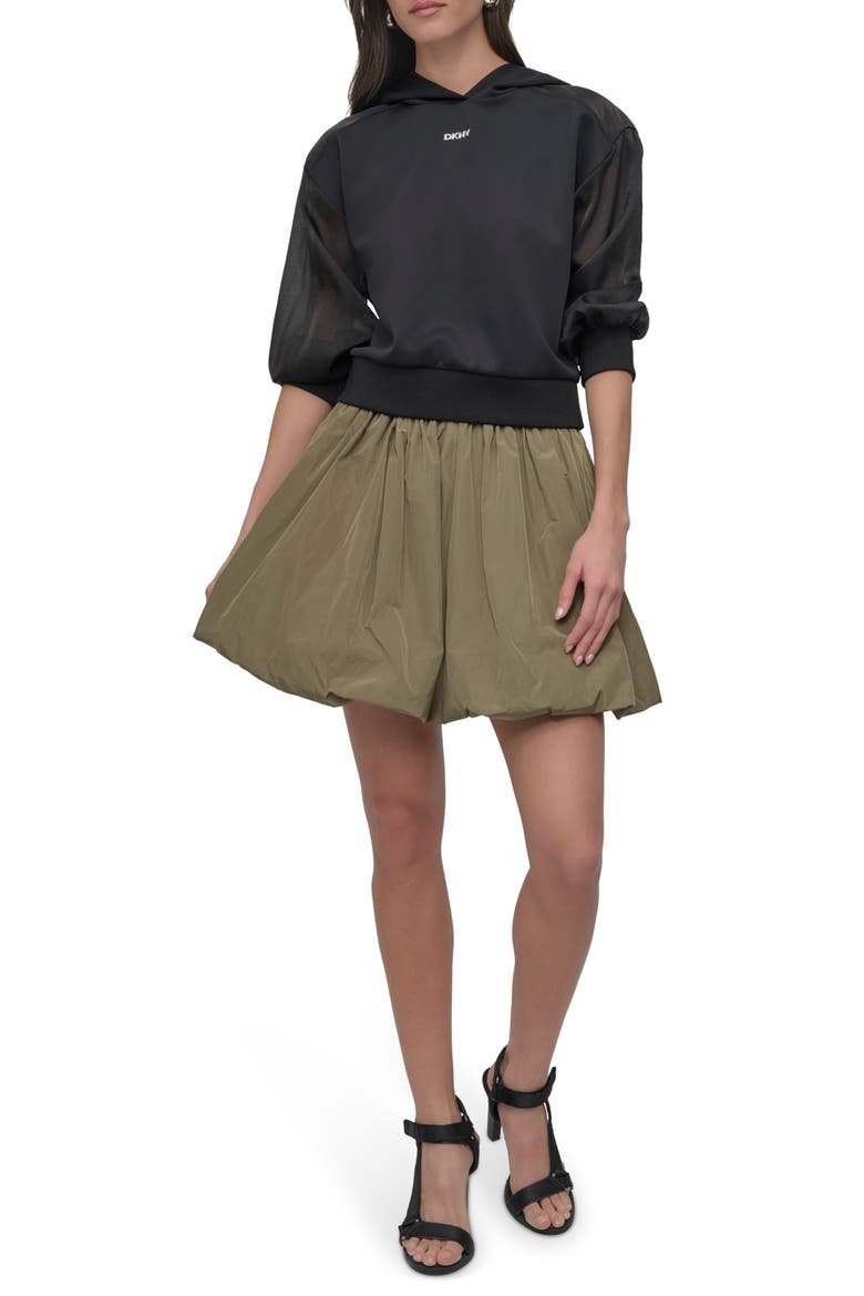 Organza Sleeve Crop Hoodie, Alternate, color, BLACK