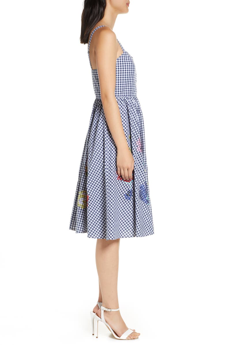 French Connection Embroidered Gingham Fit & Flare Sundress, Alternate, color, 