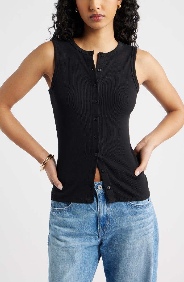 Open Edit Rib Button-Up Tank, Main, color, Black