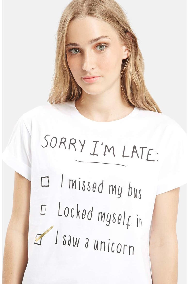 'Sorry I'm Late' Short Sleeve Tee, Alternate, color, WHITE