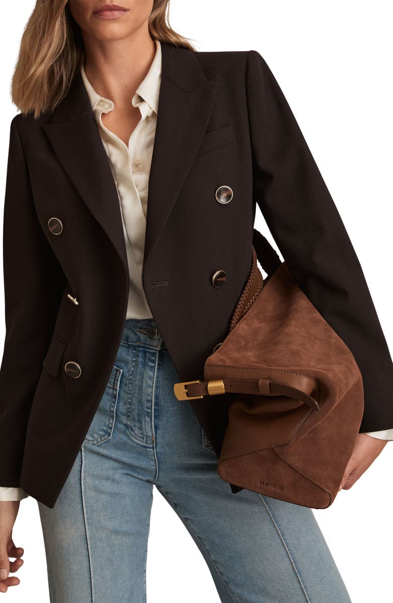 Reiss Lia Double Breasted Wool Blend Blazer, Main, color, Chocolate Brown