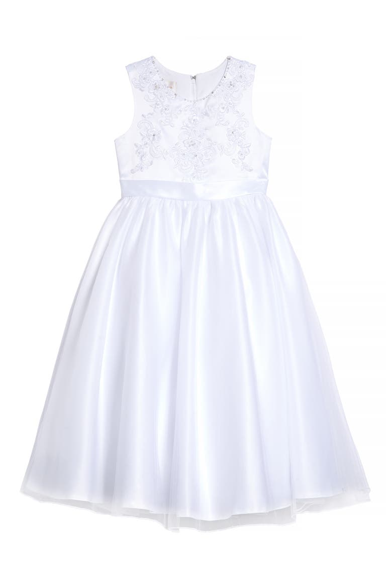 Beaded Bodice Satin & Tulle Communion Dress, Main, color, WHITE