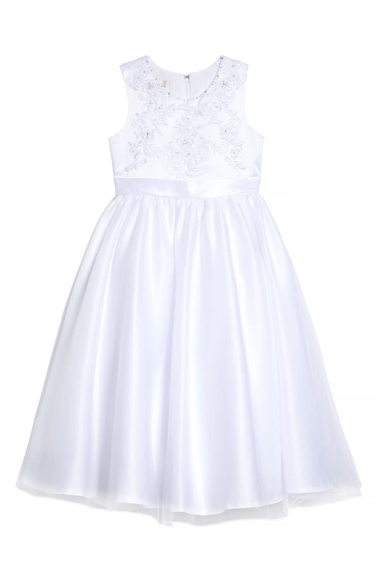 Lauren Marie Beaded Bodice Satin & Tulle Communion Dress, Main, color, 
