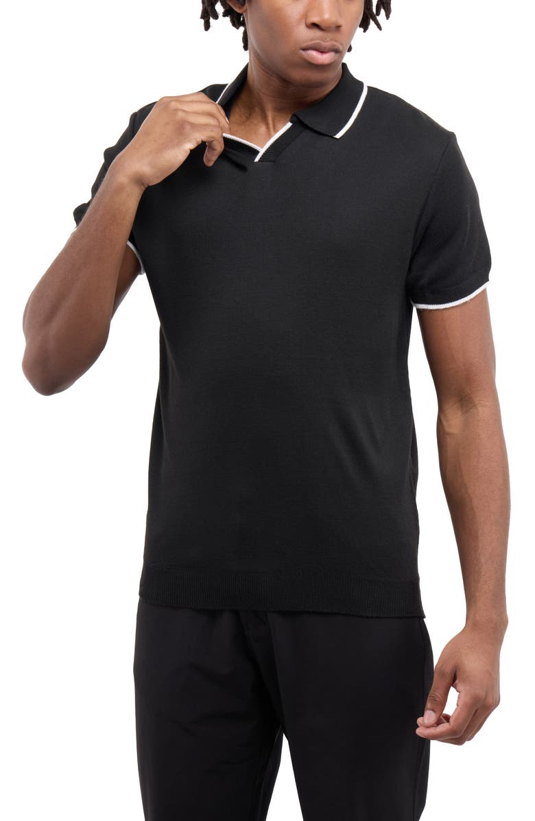Spring + Mercer Short Sleeve Johnny Collar Polo Sweater, Alternate, color, Black/ White