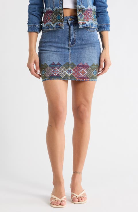 Square Border Embroidered Denim Miniskirt
