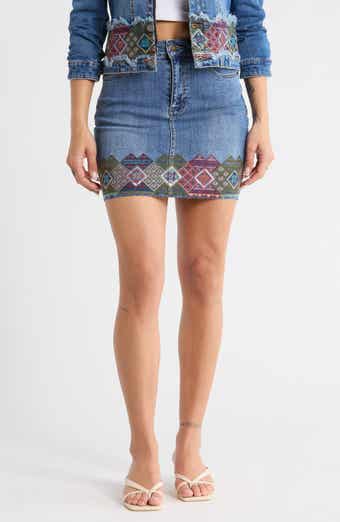 Desigual Square Border Embroidered Denim Miniskirt