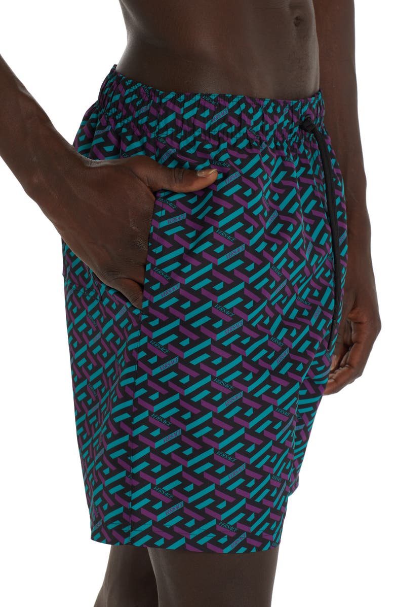 Versace Grecca Print Swim Trunks, Alternate, color, 5G320 Teal Plum