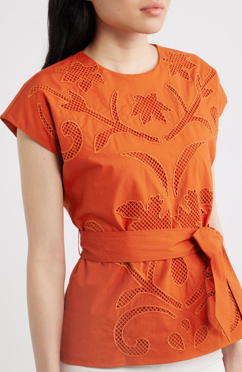 Elie Tahari The Camila Lace Detail Cotton Top, Alternate, color, Moroccan Red