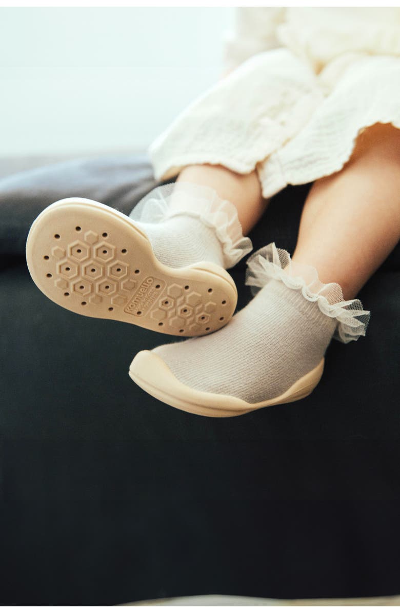 Komuello Toddler Girl Sock Shoes Tulle Trim - Pink, Alternate, color, Beige