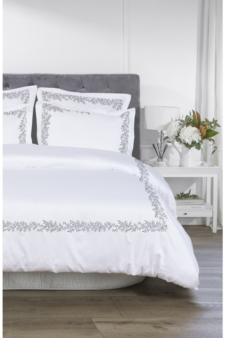 Floral Embroidered 600 Thread Count 100% Cotton Duvet Cover Set, Main, color, GREY